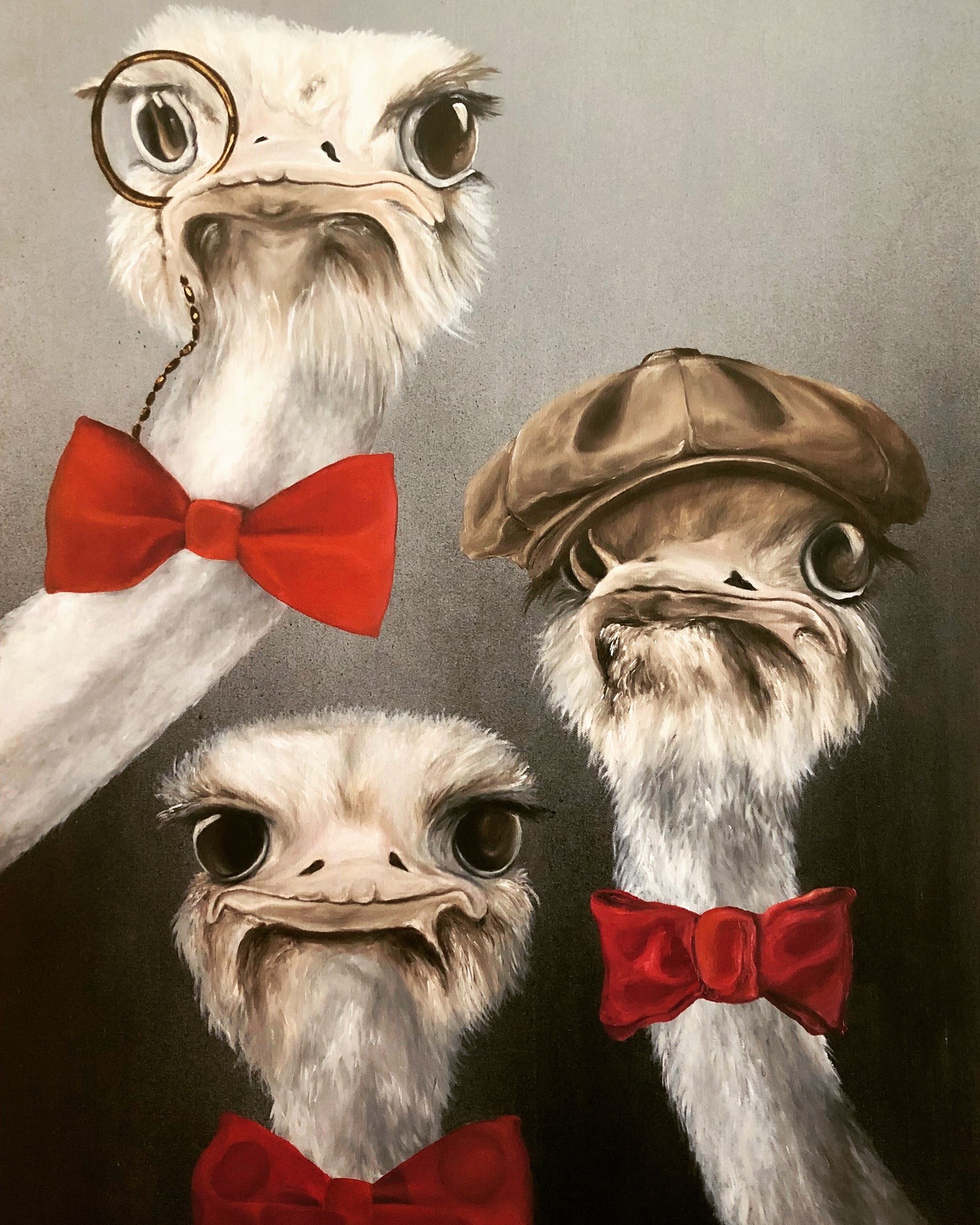 Painting of Three Ostriches Looking at Viewer