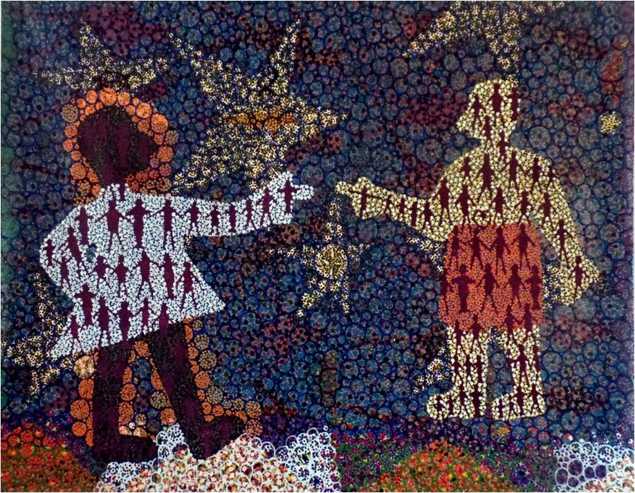 Oil Painting of Two People Pointing At One Another 