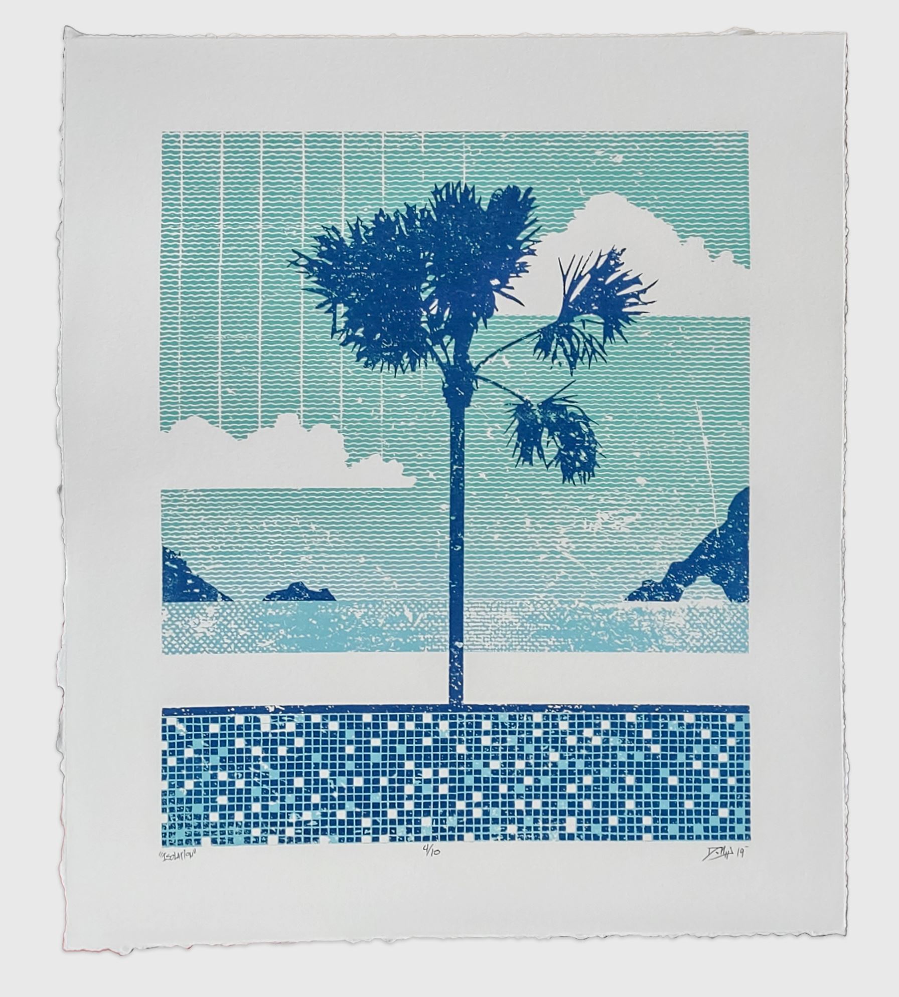 Screen Print of Pine Tree With Ocean Behind