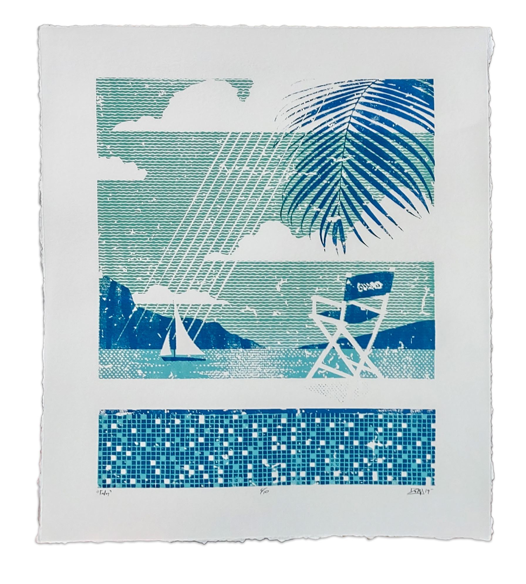 Screen Print of Beach Chair Looking Over Ocean and Sailboat 