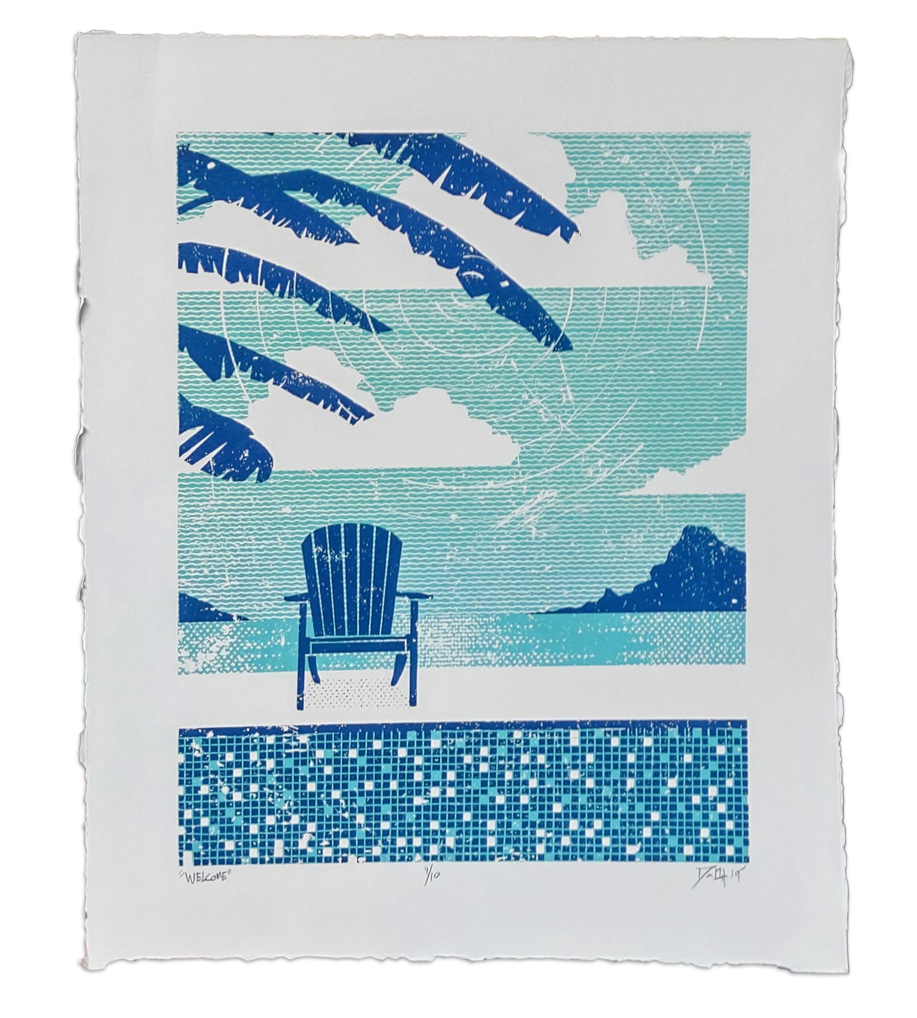 Screen Print of Beach Chair, Facing Viewer with Ocean and Clouds Behind 