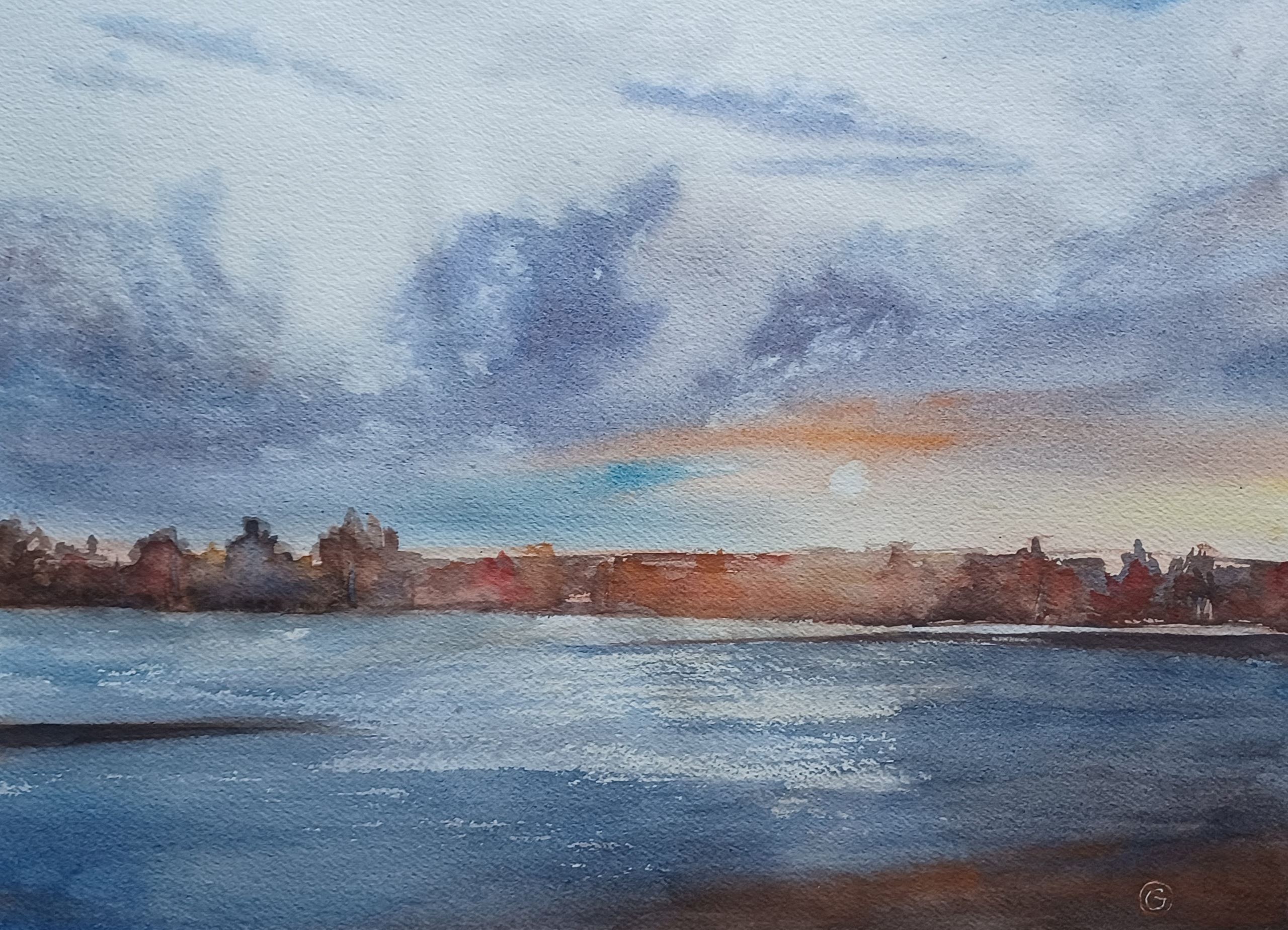 Watercolor of Peoria Lake in  Autumn