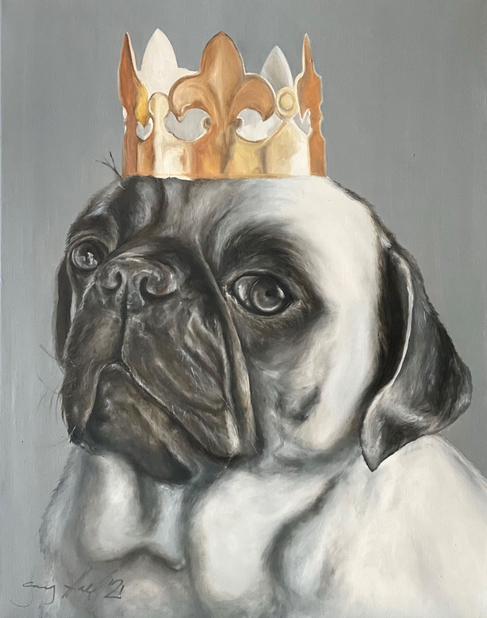 Oil Painting of Pug Dog with Crown 