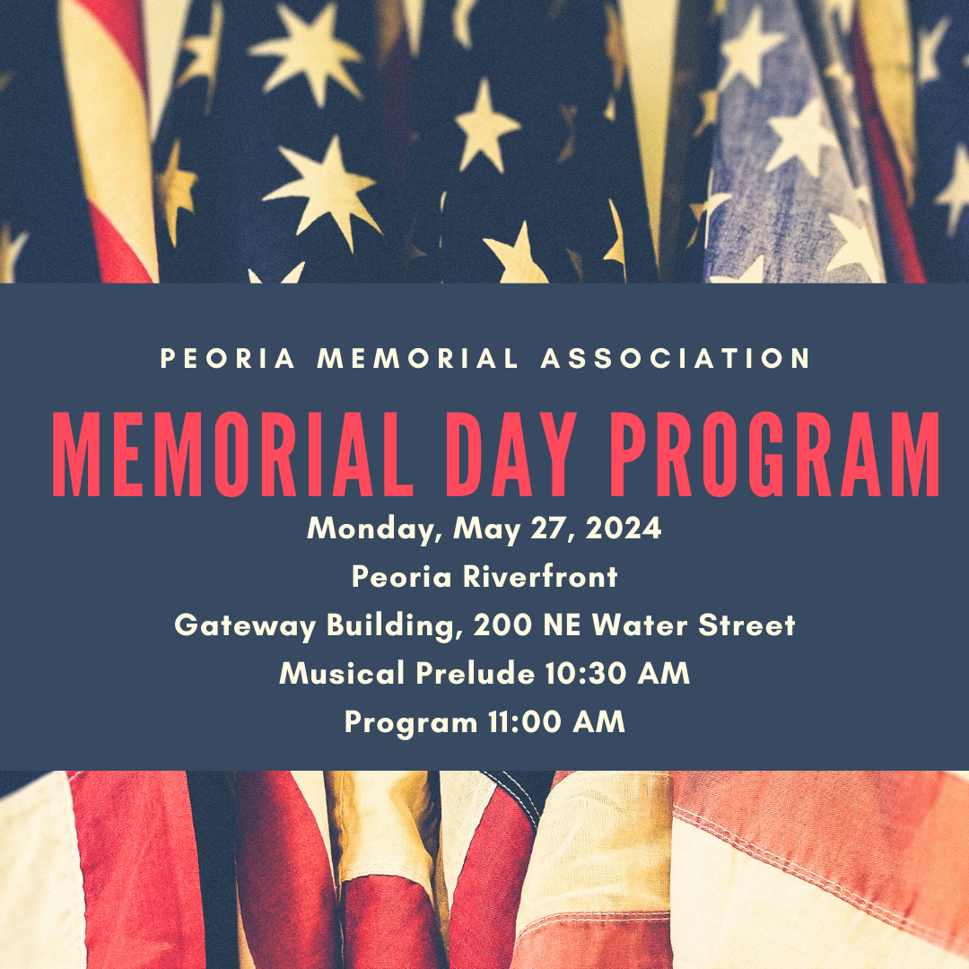 Image of American flag with details about the Memorial Day event on May 27 at the Gateway Building.