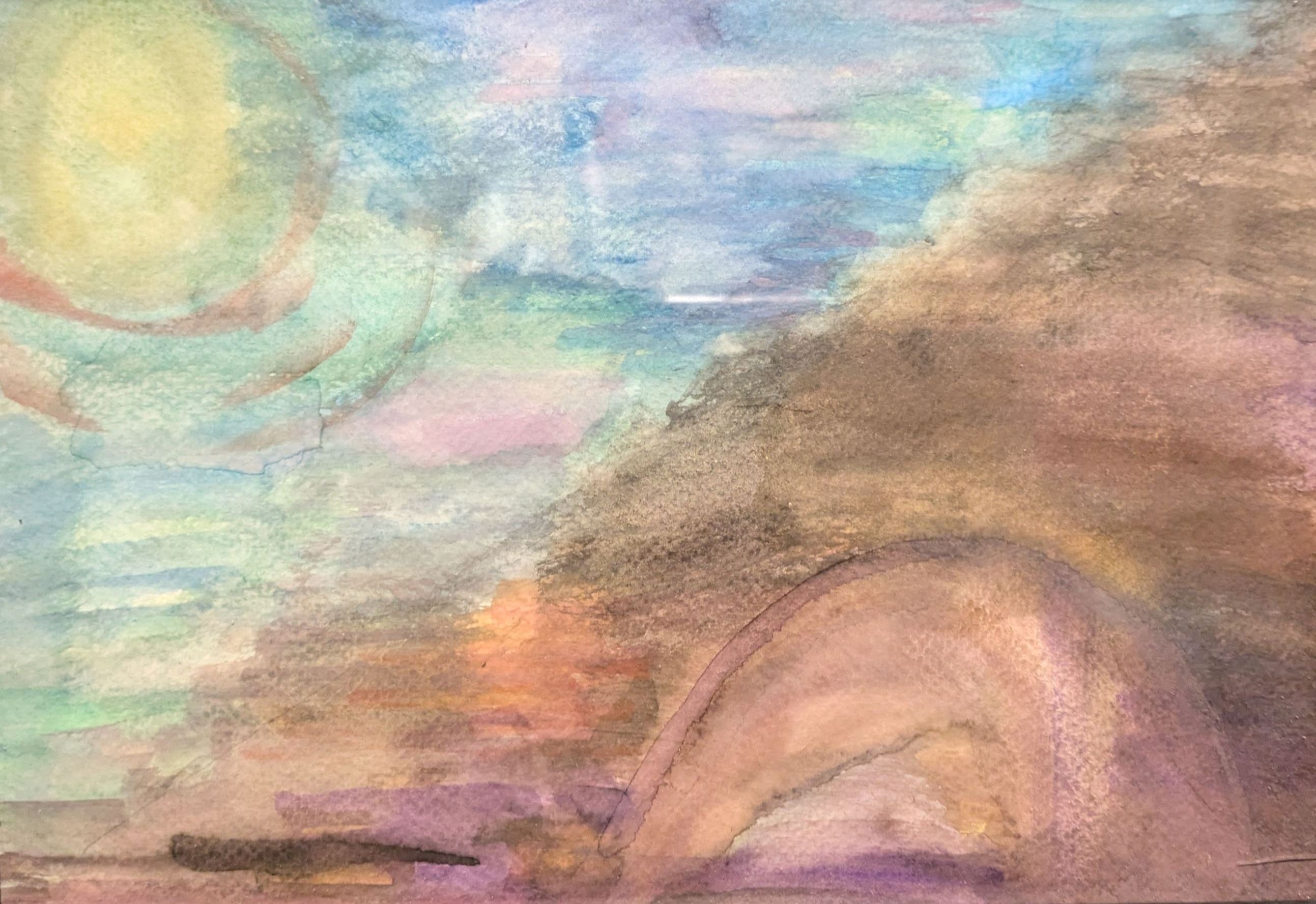 Watercolor painting depicting a sun and a tent.