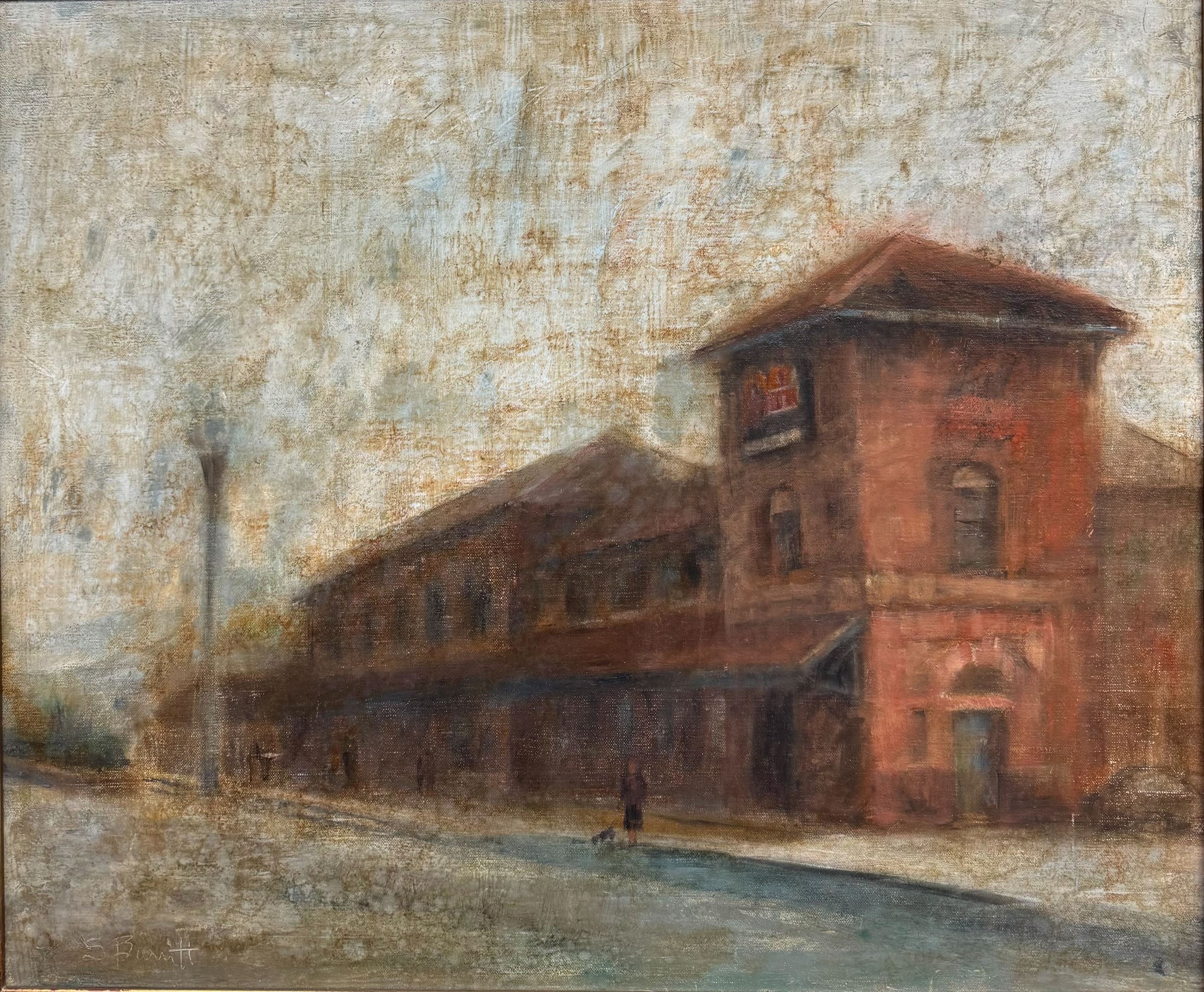 Watercolor of Peoria River Station with a distressed surface.
