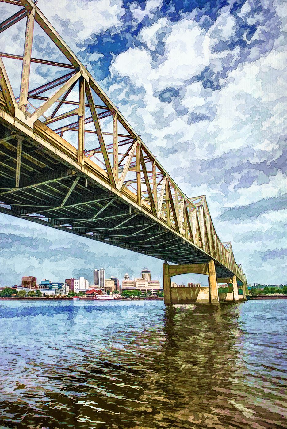 Digital photography of the Murray Baker Bridge, the Illinois River, and Peoria.