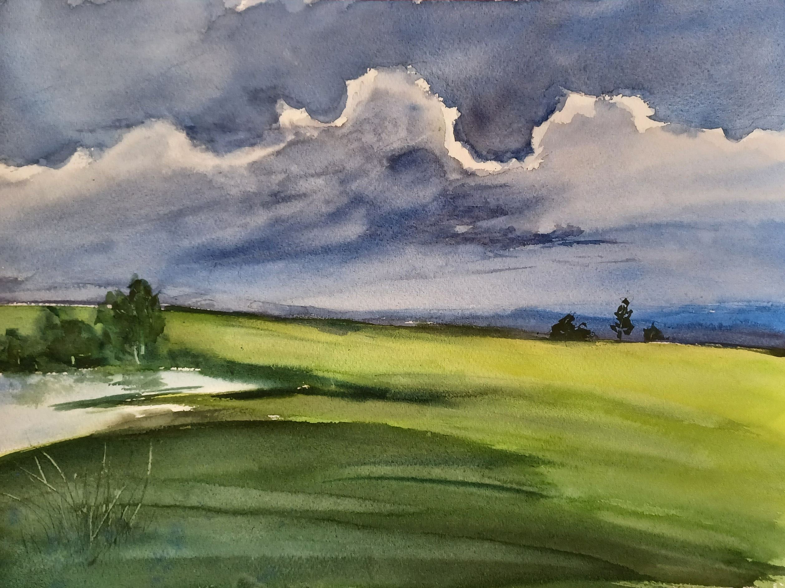 Watercolor painting of Orange Prairie in the springtime.