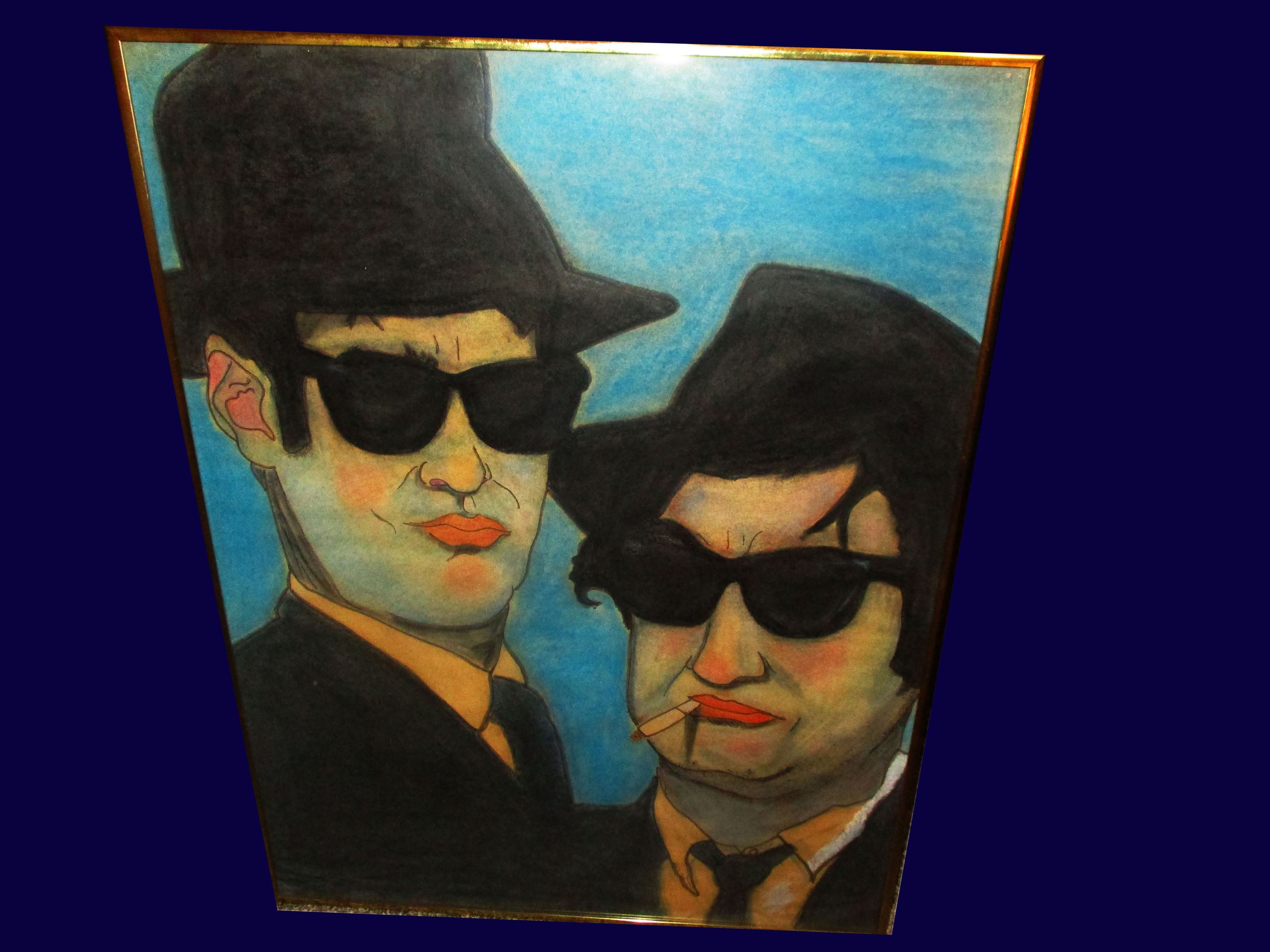 Pastel and ink drawing of the Blues Brothers.