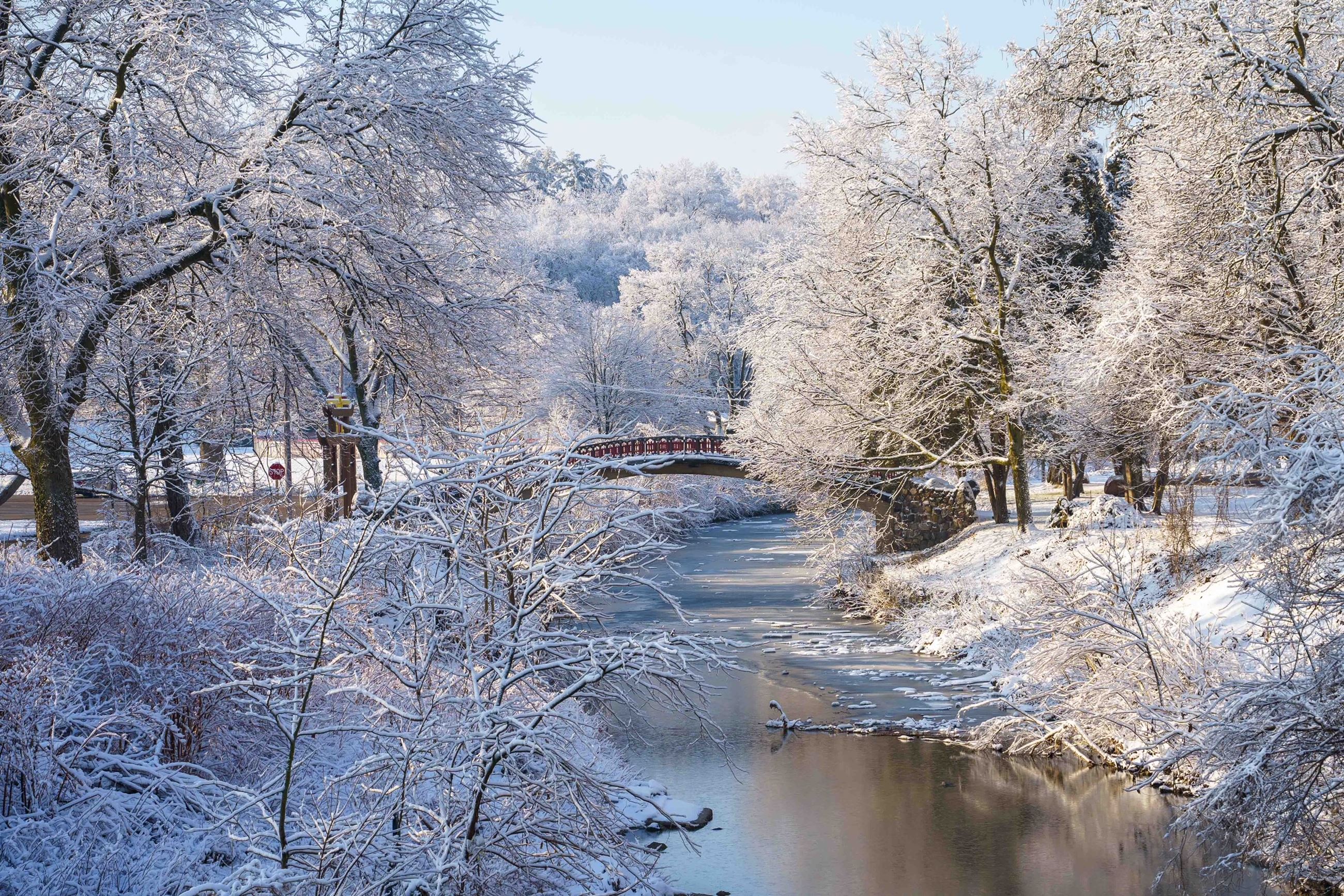Photograph of a snow-covered bridge at Laura Bradley Park.