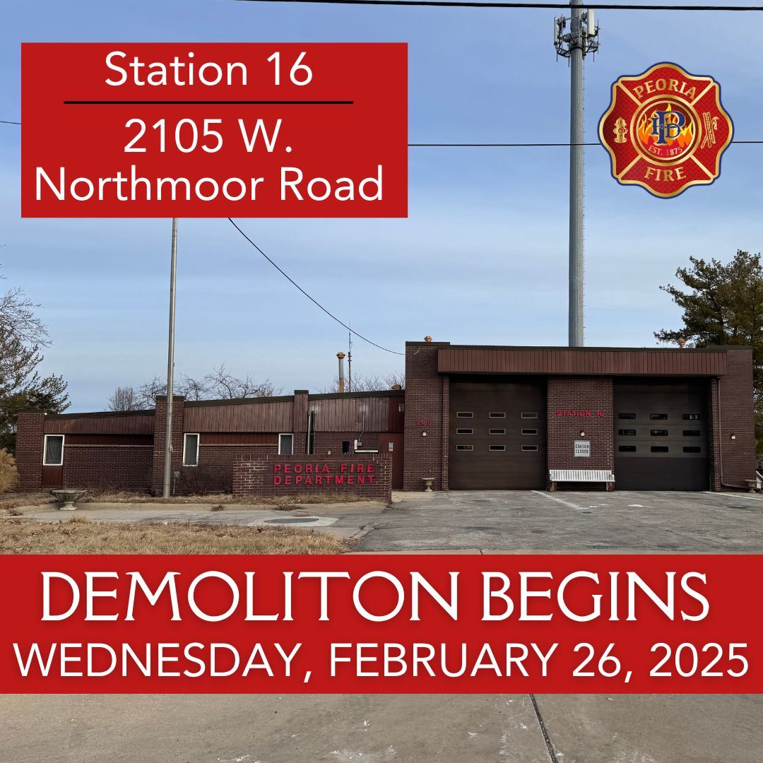 Image of a Fire House with the words Demolition Begins 