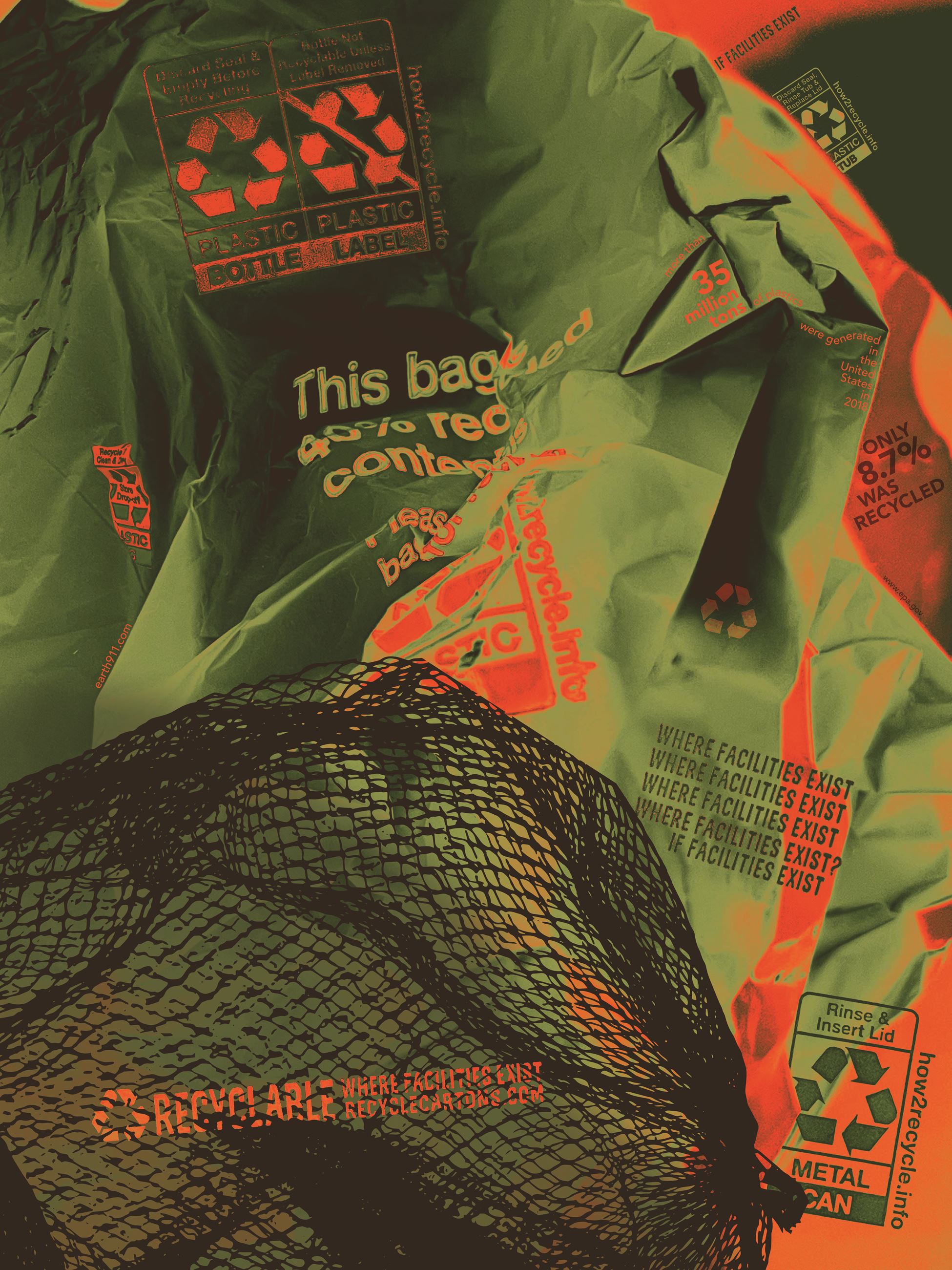 Graphic design poster featuring various materials, recycling labels and statistics.