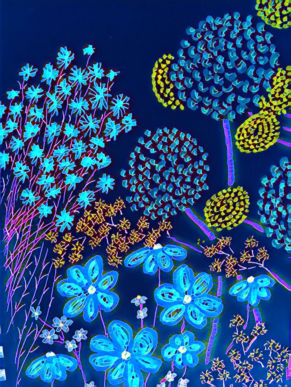 A mixed media piece depicting a variety of vibrant summer flowers.