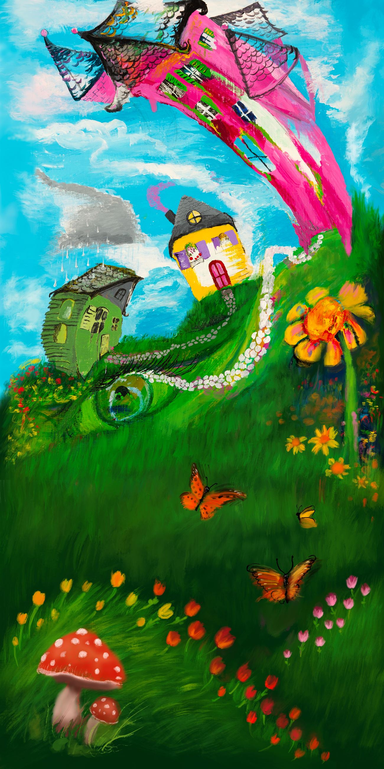 Mixed media painting depicting three crooked houses, flowers, and mushrooms.