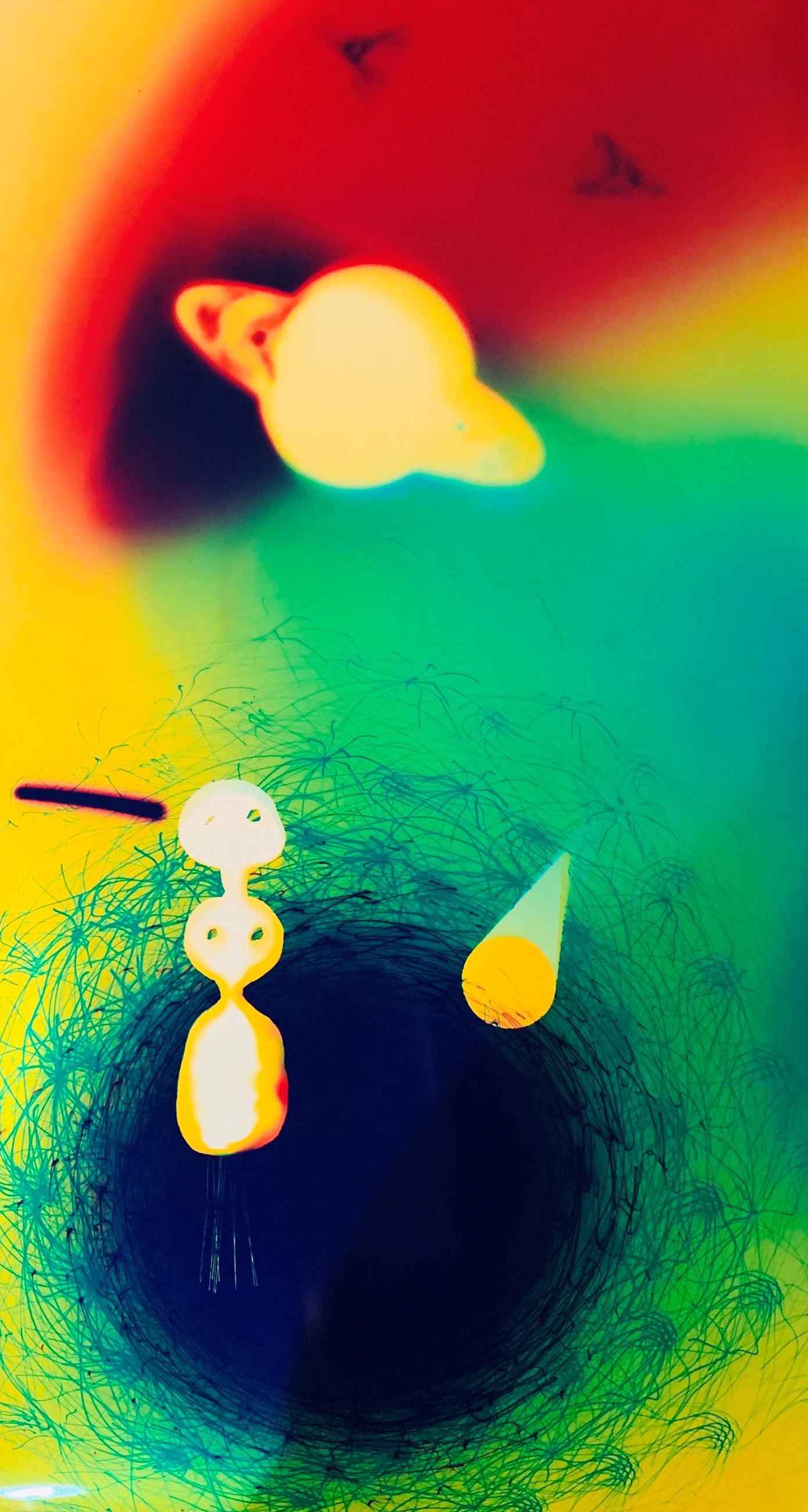 Vibrant image that evokes outer space, including shapes of an alien, a black hole, and a planet.