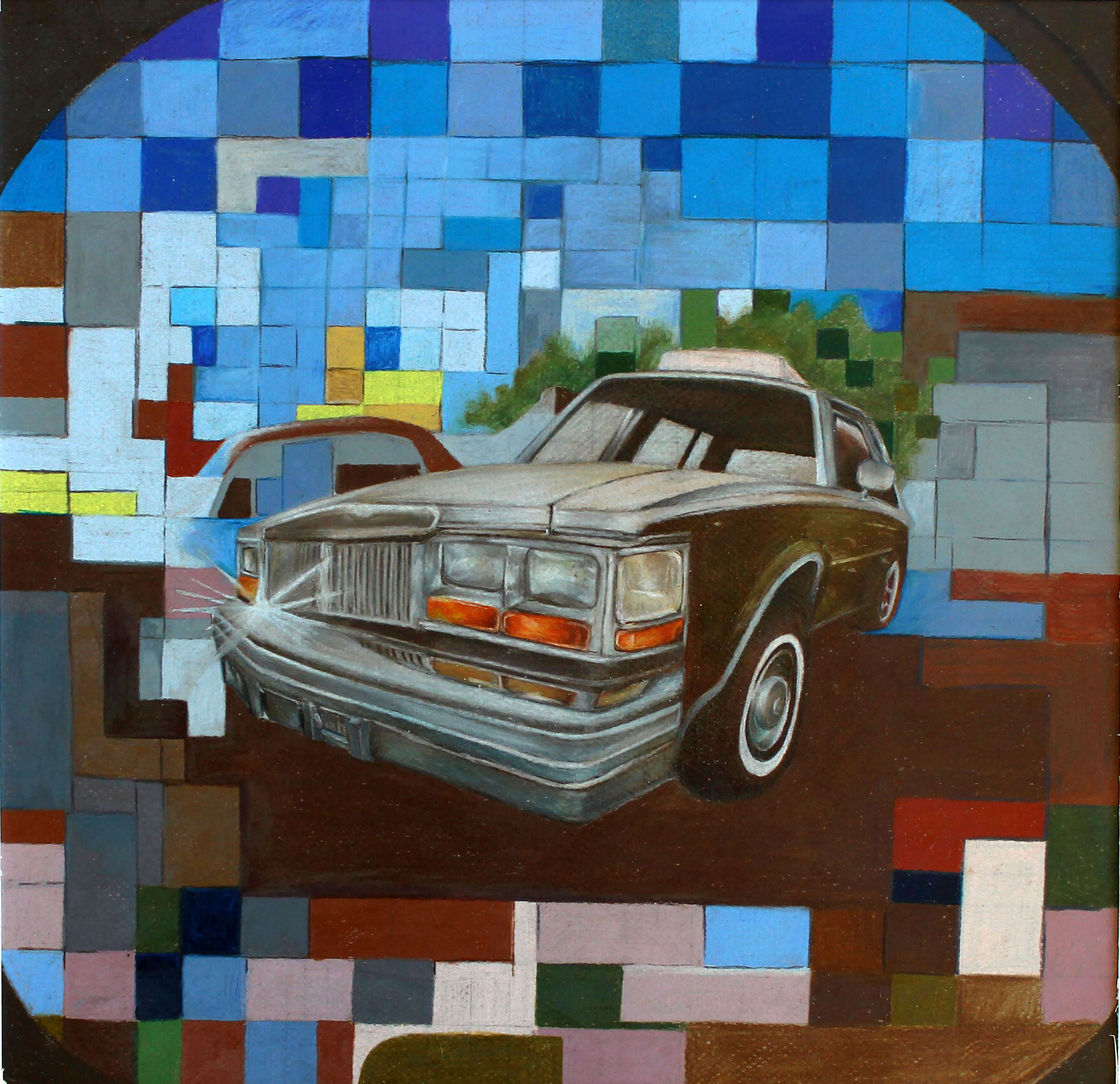 Colored pencil drawing of a Cadillac with vibrant, pixelated-looking background.