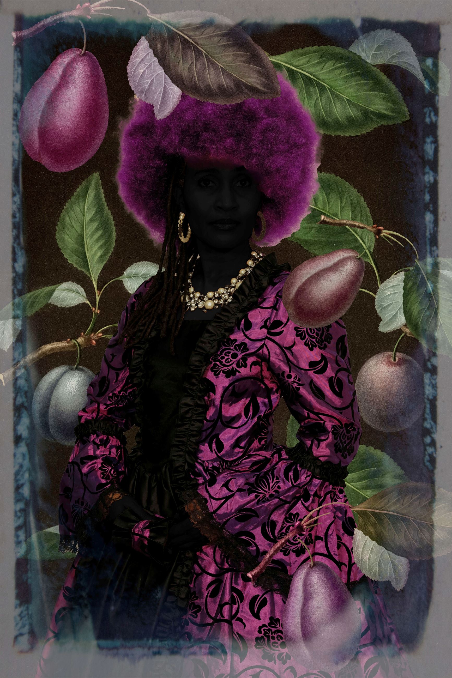 Digital photograph of an elegantly-dressed woman in shadow, surrounded by leaves and plants.