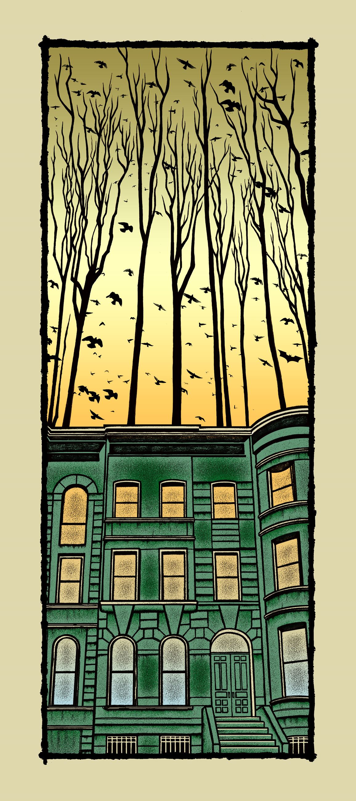 Silkscreen print of a building with a bare trees and birds in the sky above.