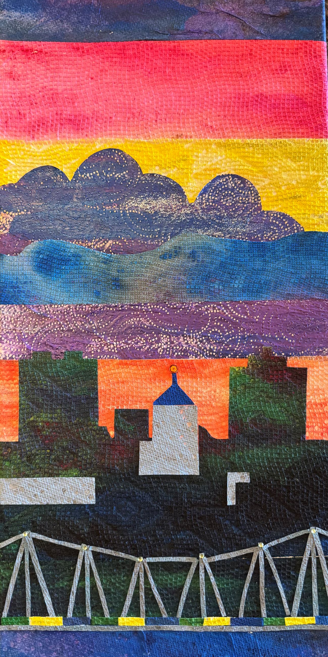 Art piece painted collage made of paper towels, featuring a bridge, skyline & river.