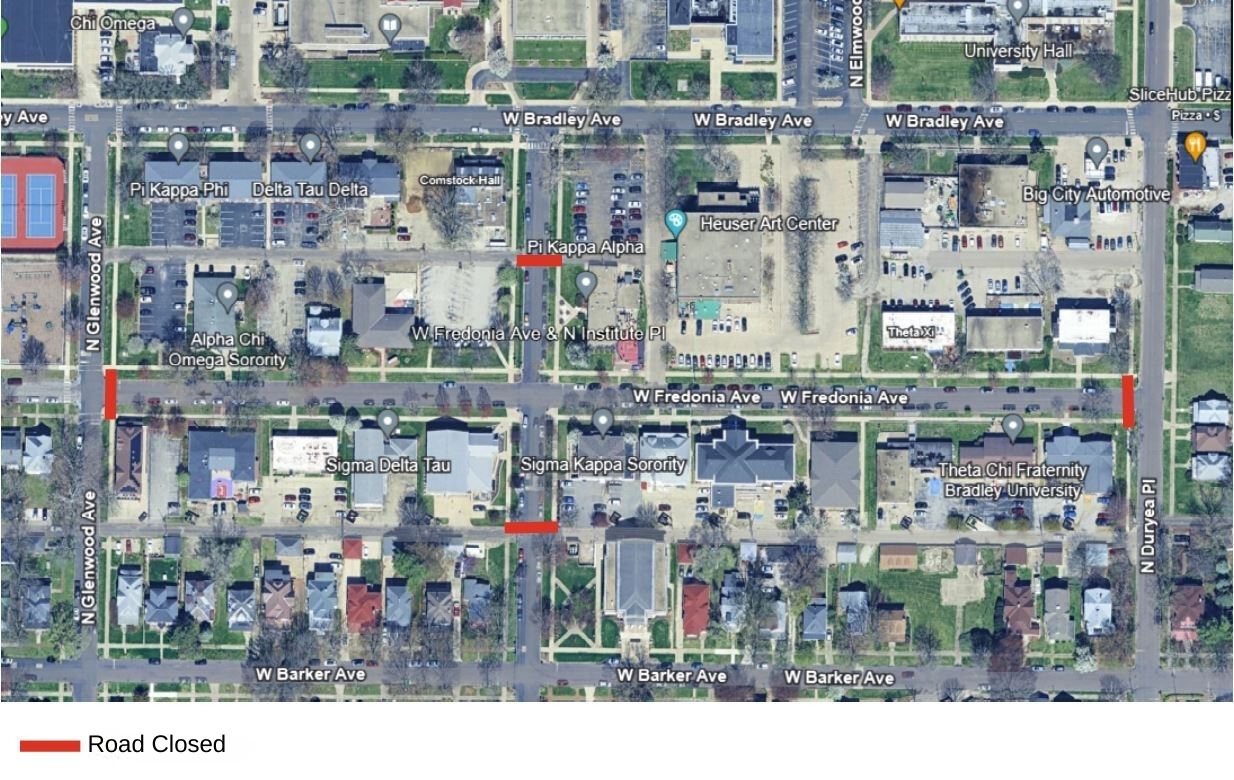 Bradley University IFC and Panhel Block Party Road Closure Map
